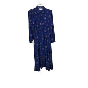 3936)Vtg 80 Schrader Blue Floral print Button Up Long Sleeve Pleated Dress Sz10